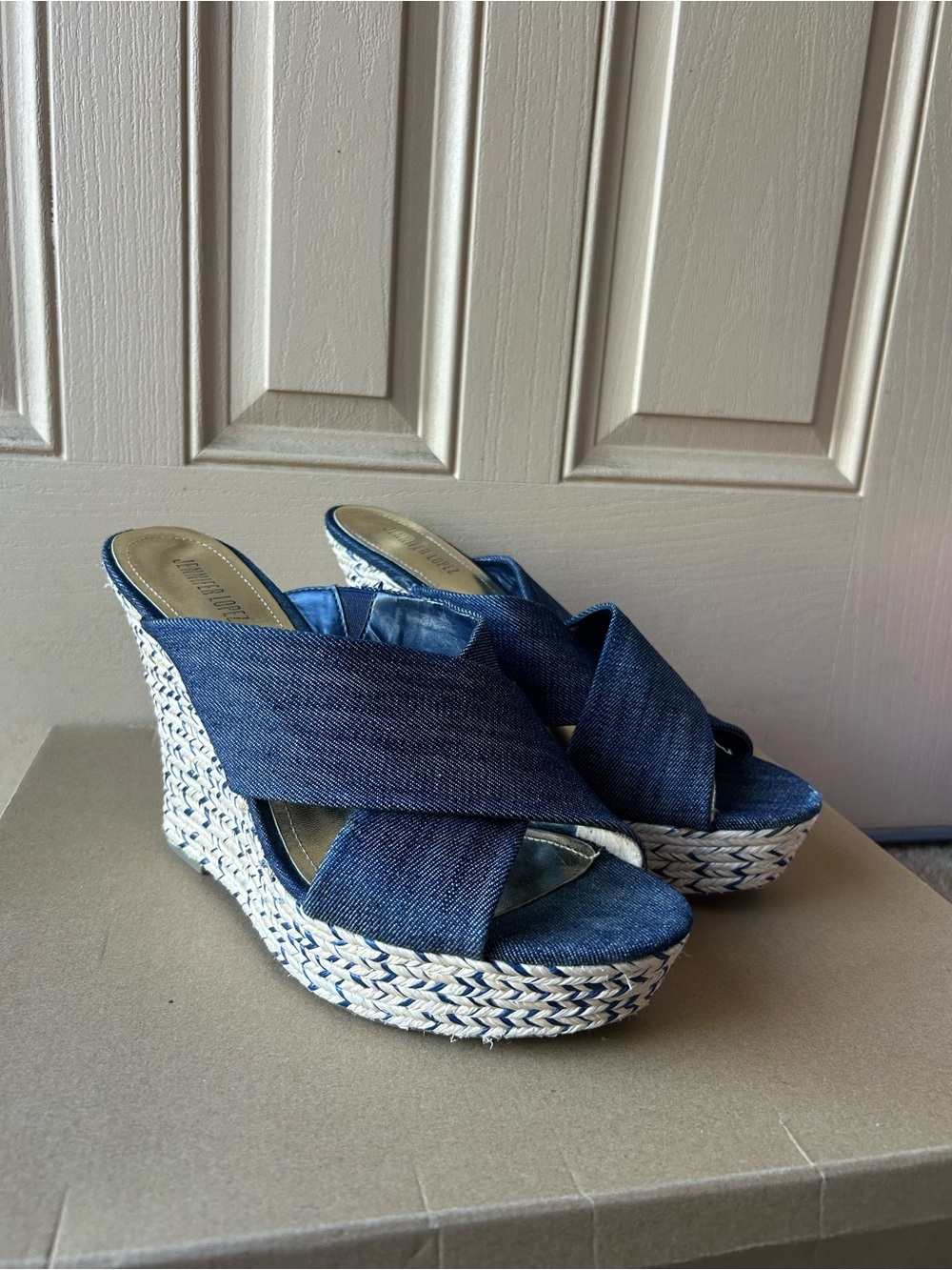 Jennifer Lopez Denim Espadrille Wedge Sandals Size 9